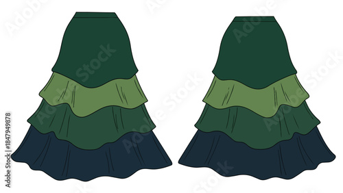 Elegant Tiered Layered Skirt Design Illustration with a Dark and Light Green Color Palette