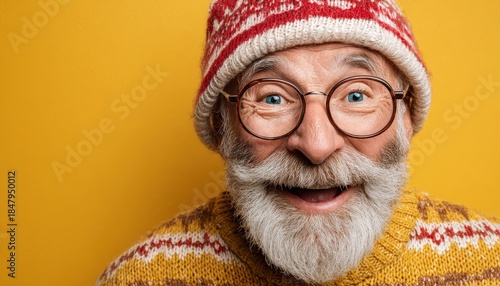 Elderly man with full white beard wears festive knitted hat and eyeglasses against bright background