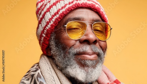 Mature gentleman wearing bright knit hat and tinted eyewear smiles against a solid background