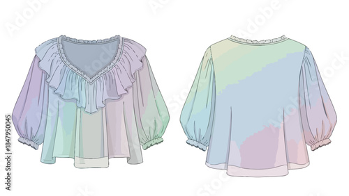 Elegant Pastel Ruffled Blouse Fashion Illustration with Bishop Sleeves and V-Neck Design
