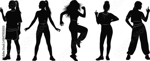Dynamic female dancer silhouettes in stylish poses, modern urban choreography illustration, energetic movement art, expressive fashion outline design, vector graphic