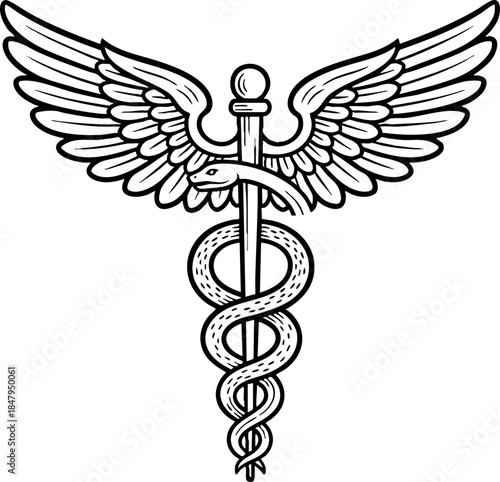 Detailed Hand Drawn Black and White Caduceus Symbol Illustration