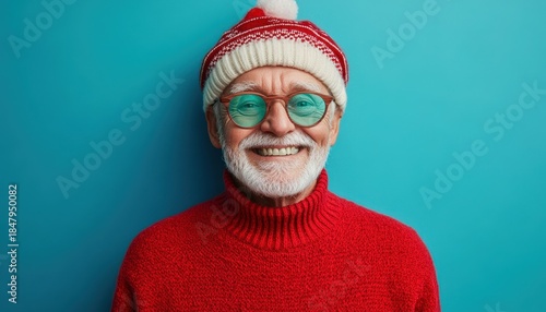 Cheerful elderly man wearing festive winter attire poses against a bright blue background