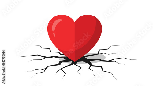 A vibrant red heart rests upon a fractured surface, symbolizing heartbreak, emotional damage, or vulnerability in relationships.