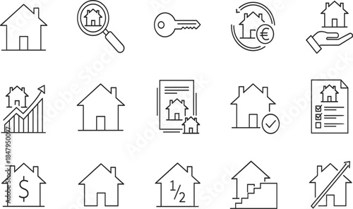 Real estate icons, property management symbols, home buying illustration, housing finance concepts, mortgage investment graphics, realty services outline set, collection