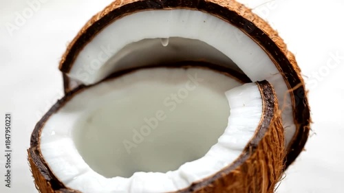 Fresh coconut cut in half revealing white flesh and water, set against a neutral background