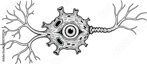 Detailed neuron cell illustration with dendrites and axon, biological nerve structure drawing, scientific microscopic neuron artwork in vintage engraving style