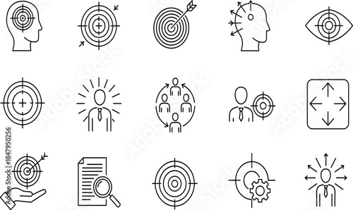 Target focus icons, business strategy symbols, goal achievement illustration, leadership direction concepts, decision making graphics, vision planning outline collection set