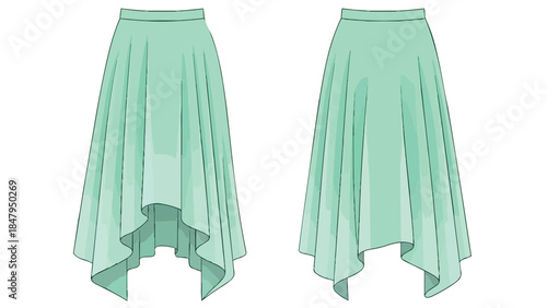 Fashion illustration of a flowing mint green asymmetrical hem skirt showing front and back views with detailed fabric folds and stitching lines