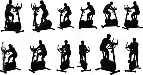 Set of gym silhouettes of people riding exercise bikes, men and women doing cardio workout, vector illustration isolated on white background for fitness design.