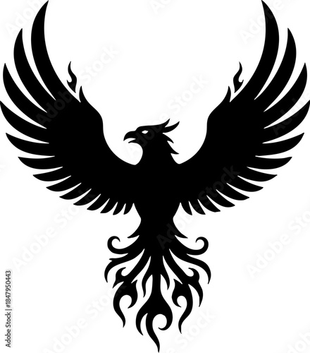 Mighty Phoenix bird silhouette graphic rising from the ashes