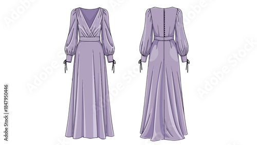 Elegant Pastel Lavender Maxi Dress with Flowing Silhouette and Balloon Sleeves Front and Back View for Fashion Design Inspiration