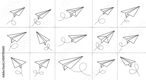 Paper Airplane Flight Path Puzzle Grid Featuring Loops, Curves, and Directional Variations in a 4x5 Visual Sequence