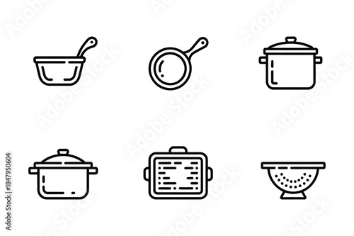 A set of line art icons depicting essential cooking utensils and kitchenware