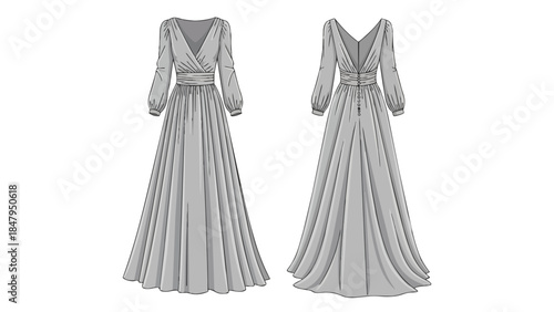 Elegant V-Neck Long-Sleeve Wrap Gown Fashion Illustration with Front and Back Views