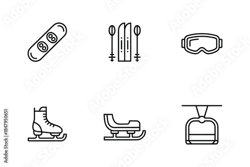A set of line art icons depicting winter sports equipment including skis, snowboards, and ice skates