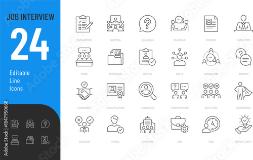Job Interview Line Editable Icons set. Vector illustration in modern thin style of getting a job related icons: resume, candidate, hiring, and more. Isolated on transparent background.