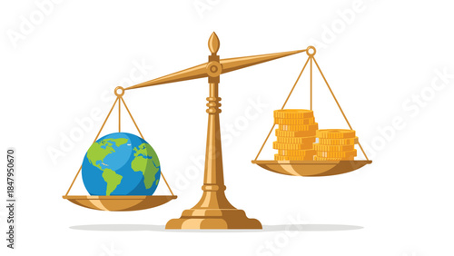 Scales of justice depict a world weighed against stacks of gold coins, symbolizing environmental cost versus economic gain.