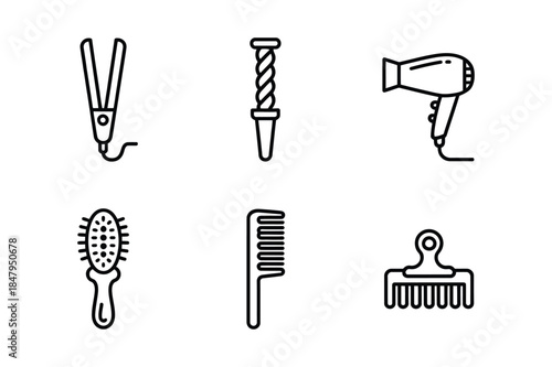 A collection of hair styling and grooming tools illustrated as minimalist line icons