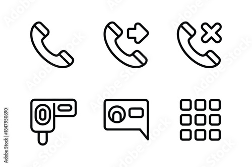 Minimalist line art icons for communication applications featuring phone, message, and video elements