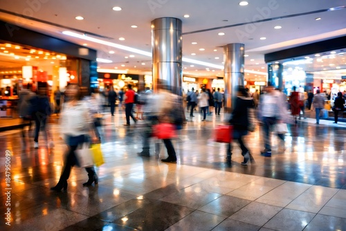 Busy shopping mall interior with blurred people and stores