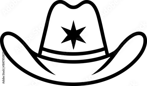 Black Outline Cowboy Hat with Star Badge Vector Illustration