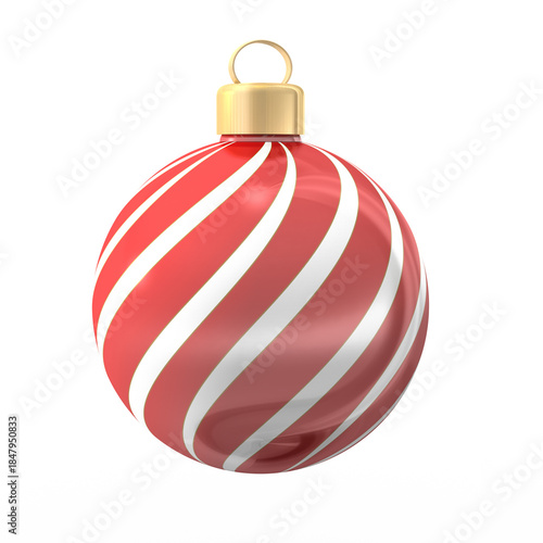 Shiny red and white Christmas bauble, isolated on a transparent background