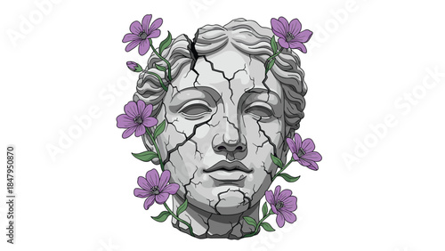 Ancient bust adorned with delicate purple flowers symbolizes beauty, resilience, and the enduring power of nature over time.