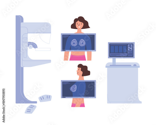 Mammography diagnostical procedure. Breast screening and diagnostic of oncology. Preventive healthcare concept. Flat style vector illustration