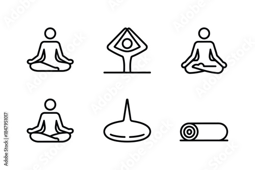 A set of minimal line icons illustrating yoga poses and meditation elements