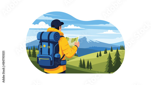 Hiker studies a map while standing in a scenic mountain landscape, planning an outdoor adventure in nature.