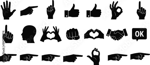 Set of hand gestures and body language symbols vector illustration, including thumbs up, pointing finger, handshake, heart, and OK sign, representing communication, success, and agreement.