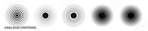 Black concentric circle. Sonar sound wave ring collection. Dotted and linear epicenter concept. Ripple radial vibration elements. Vector