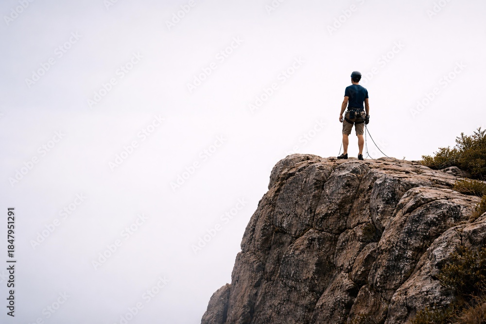 Obraz premium Adventure Seeker Standing at the Summit After Rock Climbing a Majestic Cliff