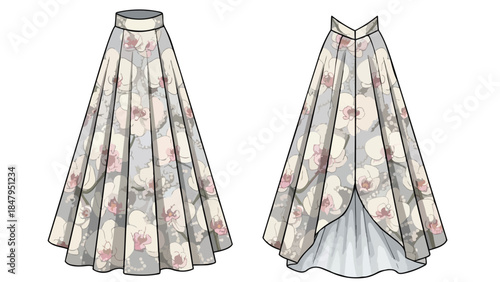 Elegant floral print maxi skirt presented in two views showcasing its flowing silhouette and detailed pattern