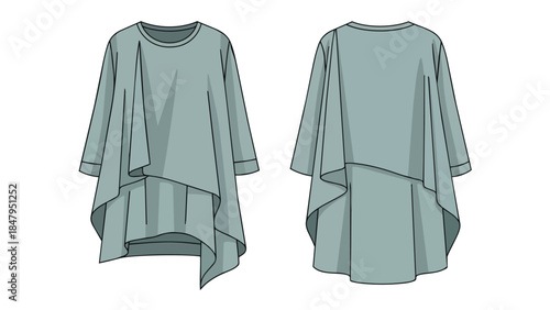 Elegant Teal Asymmetrical Layered Tunic Fashion Design Sketch Front and Back View