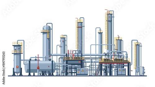 Industrial complex with multiple towers and pipelines represents chemical processing and energy production facilities.