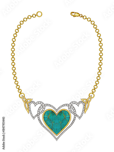 Jewelry design heart necklace with turquoise diamond and gold by hand drawn.