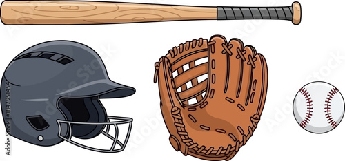 Baseball Gear Collection Bat Helmet Glove and Ball Sports Equipment Illustration baseball