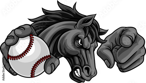 Horse mustang bronco stallion baseball softball angry sports team mascot holding a ball.
