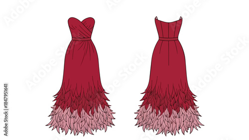 Elegant strapless gown with cascading feather-like skirt in rich crimson and blush tones