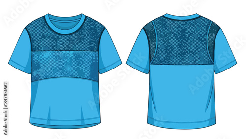 Contemporary blue t-shirt design featuring a textured graphic overlay on the front and back panels