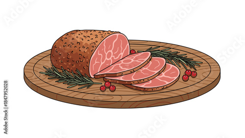 Festive glazed ham with rosemary and cranberries is beautifully presented on a wooden cutting board for a holiday meal.