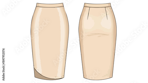 Elegant neutral toned midi skirt flat fashion illustration front and back view on a white background