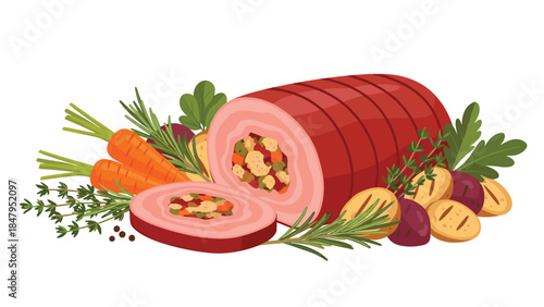 Delicious stuffed meat roll with roasted vegetables and fresh herbs is a perfect centerpiece for a festive meal.