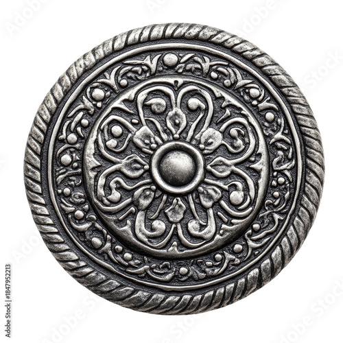 Detailed Silver Medallion Ornament with Intricate Floral Pattern and Rope Border on Transparent Background