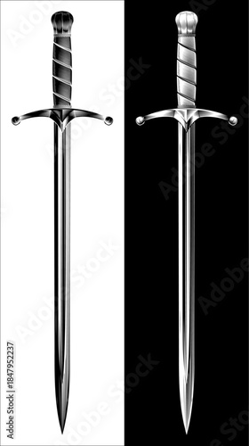 Illustration of medieval sword. Original illustration in a vintage retro engraving woodcut style. Suitable for use in heraldry