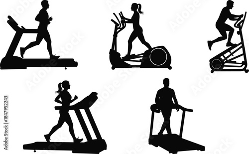 PrSet of gym silhouettes using treadmill and elliptical machine, men and women exercising on cardio equipment isolated on white background vector illustration.