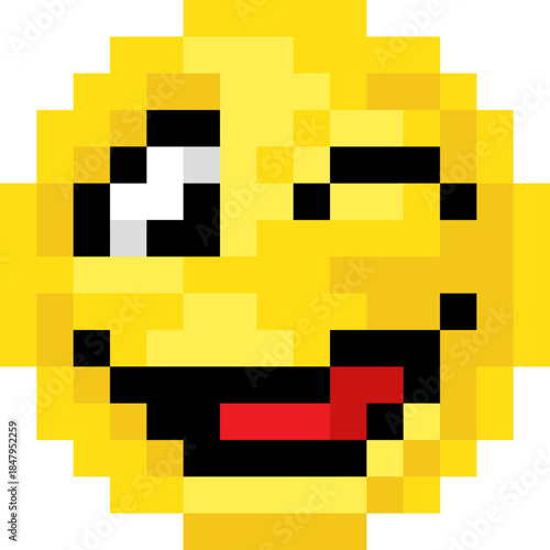 Funny pixel art emoji emoticon winking. Retro 8 bit digital icon full of humor and playfulness, perfect for chat apps, memes, stickers, or nostalgic computer art.
