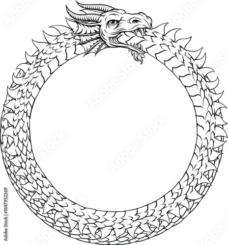 An Ouroboros or Uroboros circle dragon eating its tail circular symbol in a vintage woodcut etching style.